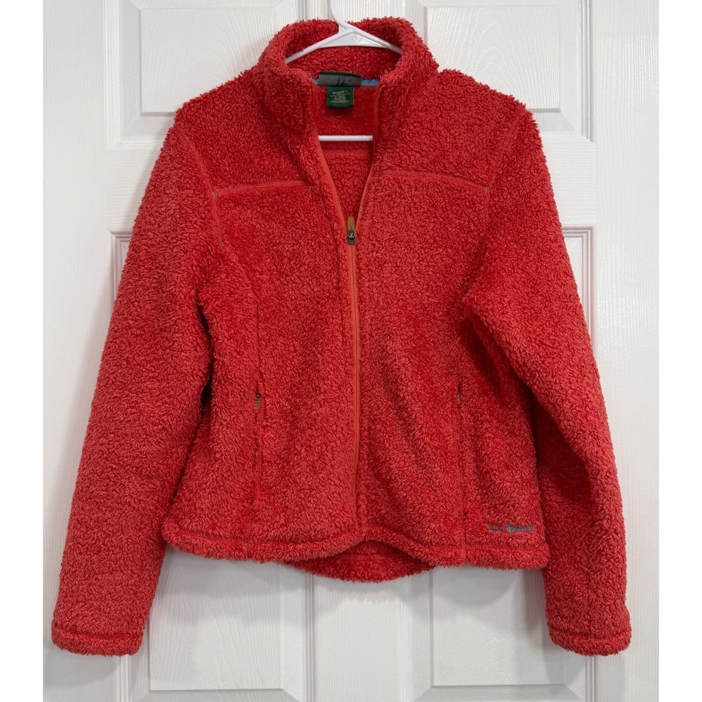 L.L. Bean Womens High Pile Fleece Jacket Red Full Zip Mock Neck Small S OPC73